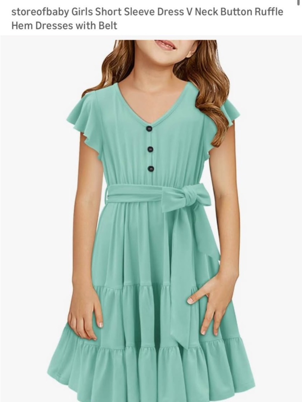 Girls Ruffle Sleeve V-Neck Dress with Tie Belt - Mint